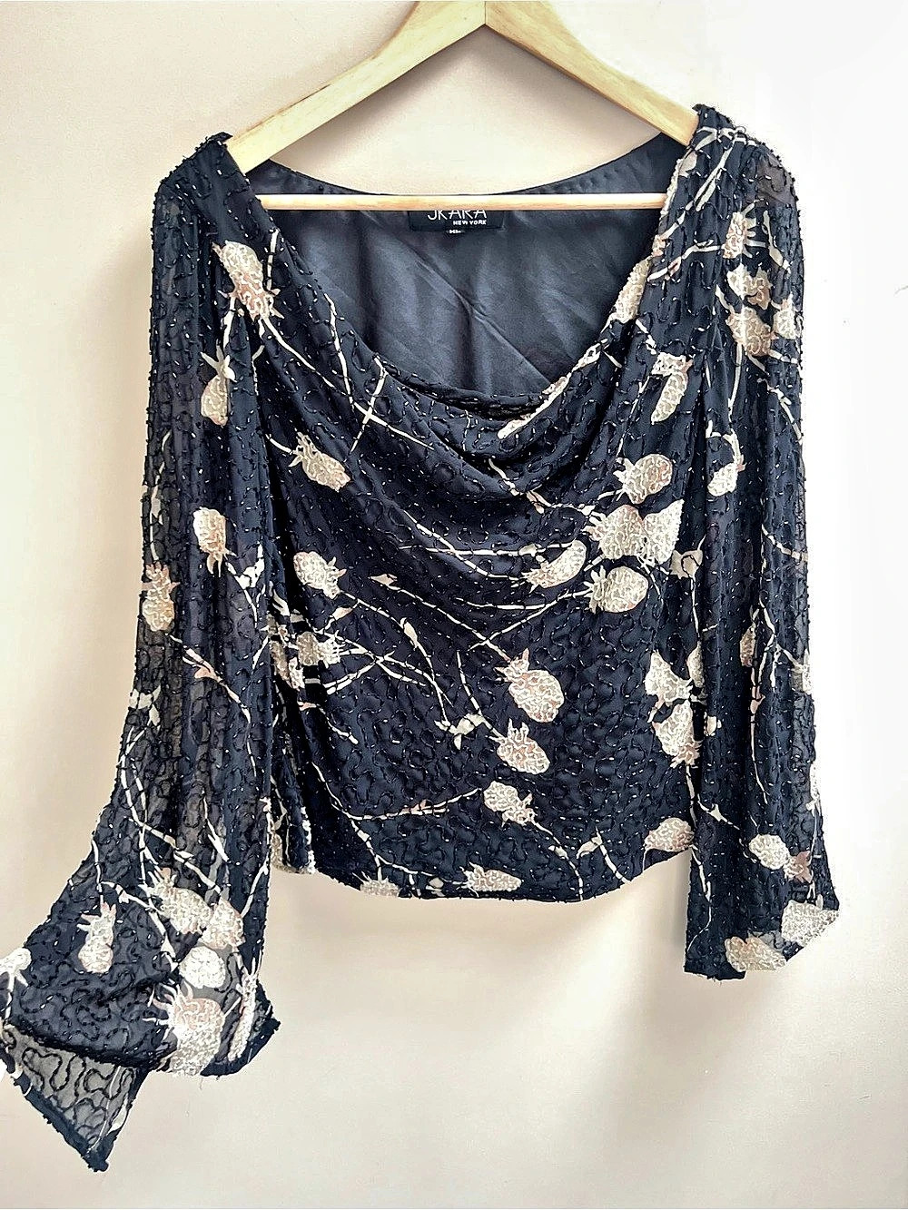 J Kara Floral Embellished vintage Long Sleeve Blouse in Black & Gold Size XL